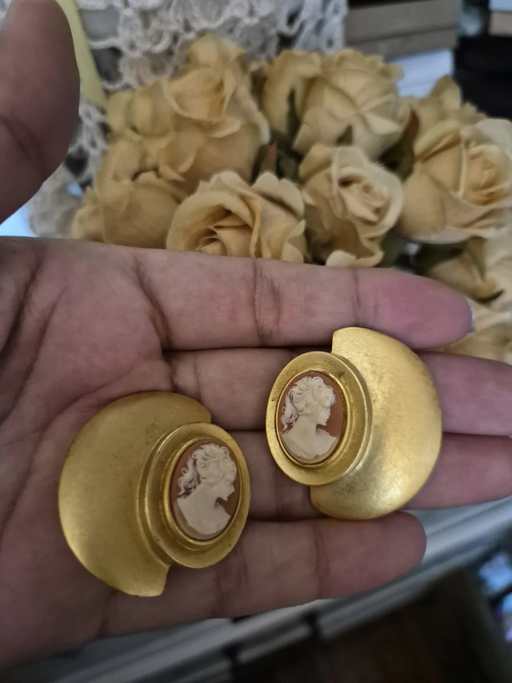 Very Rare Vintage Gold Matte Cameo Earrings
